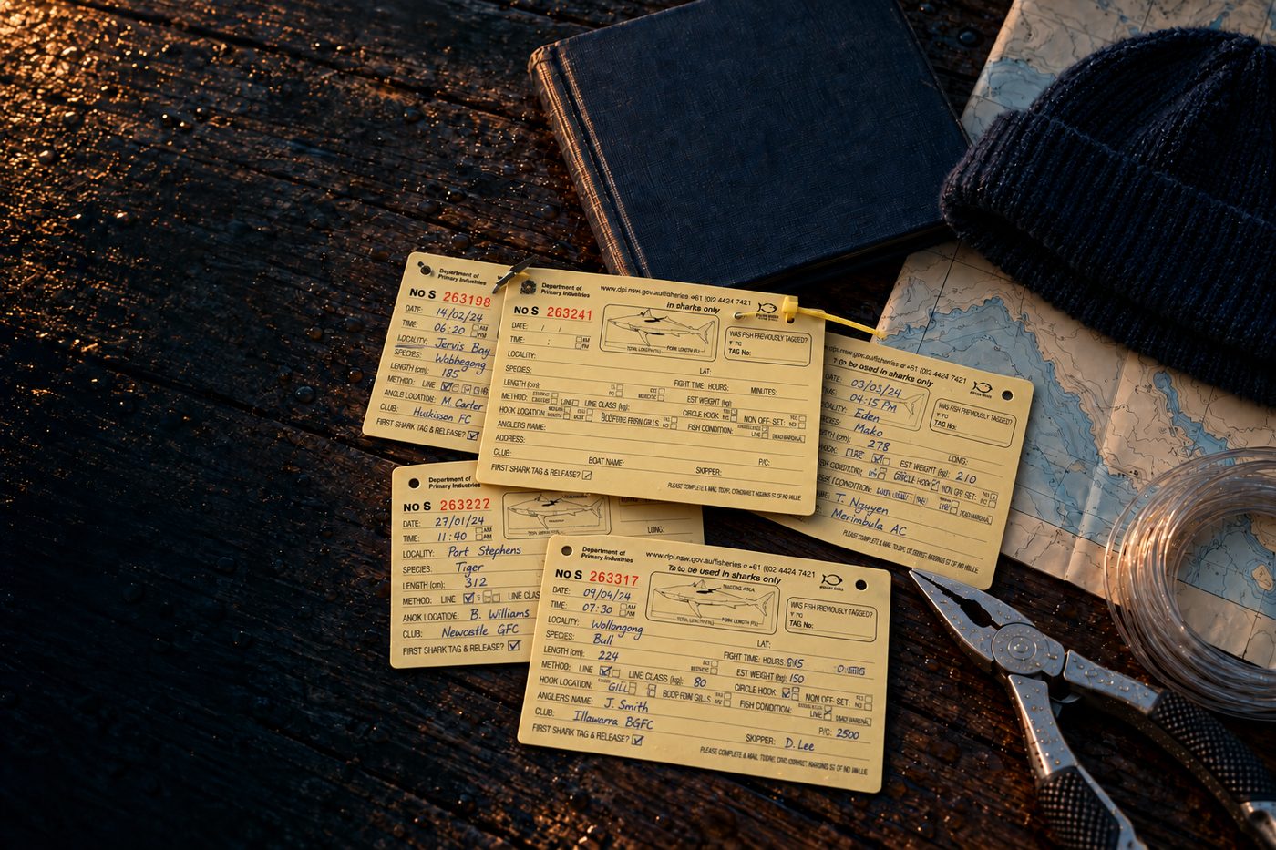 Tag cards, a capture book, a beanie, pliers and a chart laid out on dark timber.