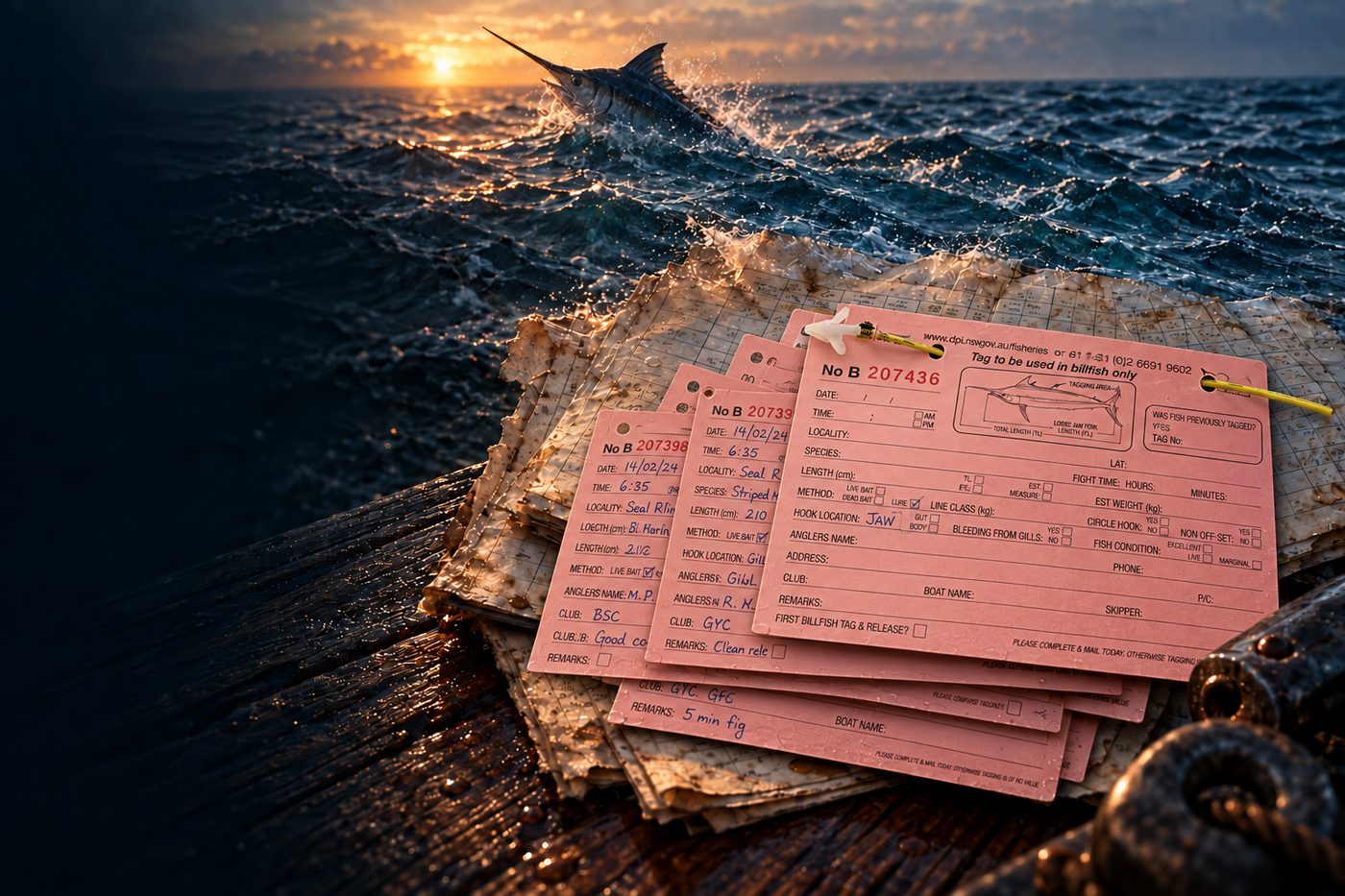 A stack of used billfish tag cards on a wet deck with a marlin breaching beyond in the last of the light.