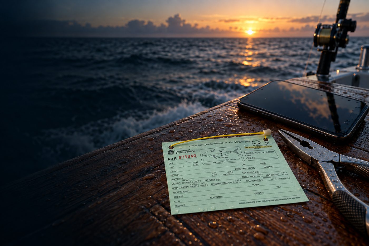 A game fishing tag card and a phone on the wet covering board of a boat at first light.