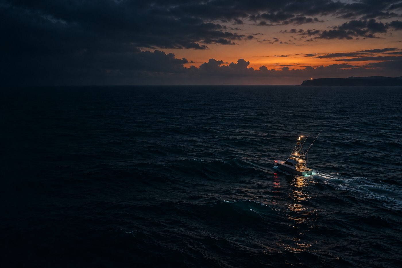 A game fishing boat far out on a dark sea at dusk, with a single light on the headland ashore.