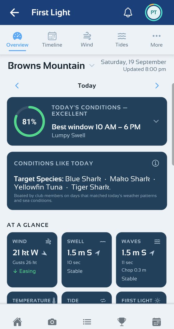 The First Light screen showing a conditions score and the wind, swell and wave tiles