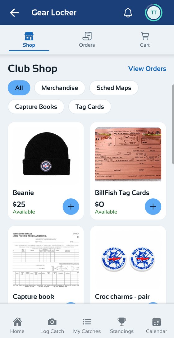 The Gear Locker club shop showing a beanie, billfish tag cards, a capture book and croc charms
