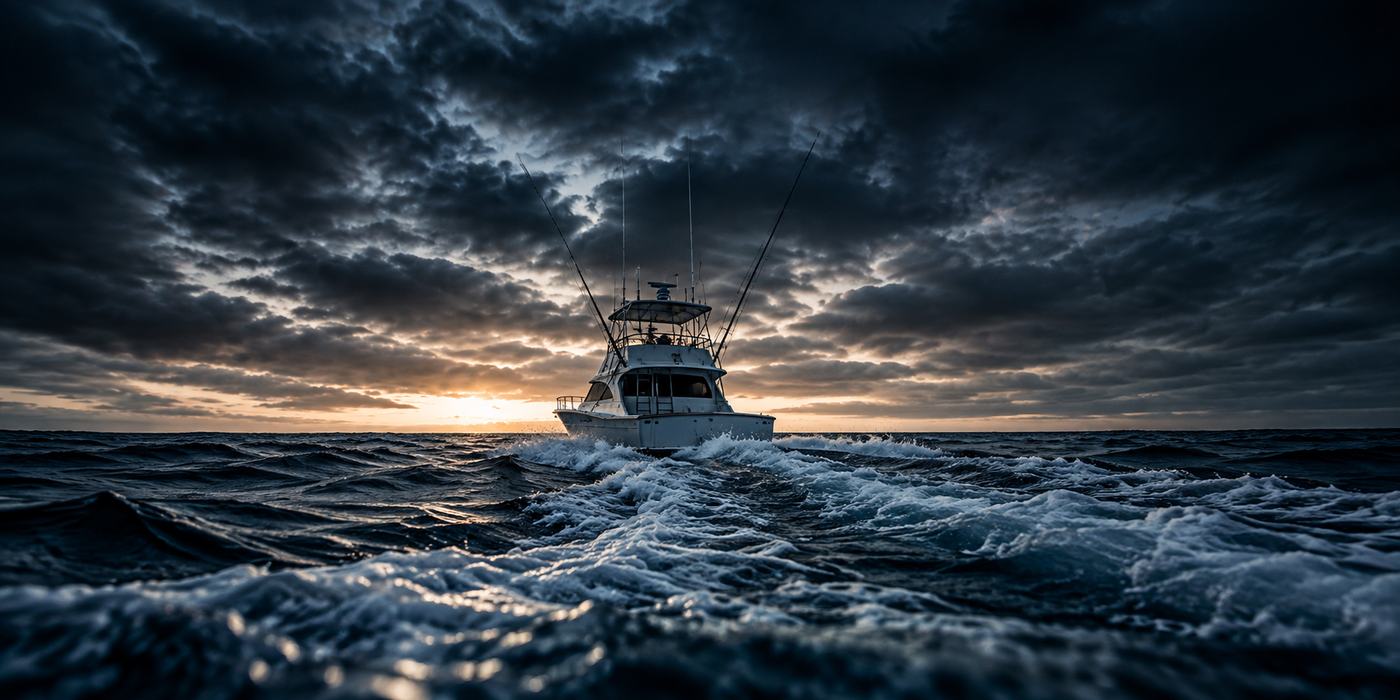 A game-fishing boat heading out across a dark sea at first light